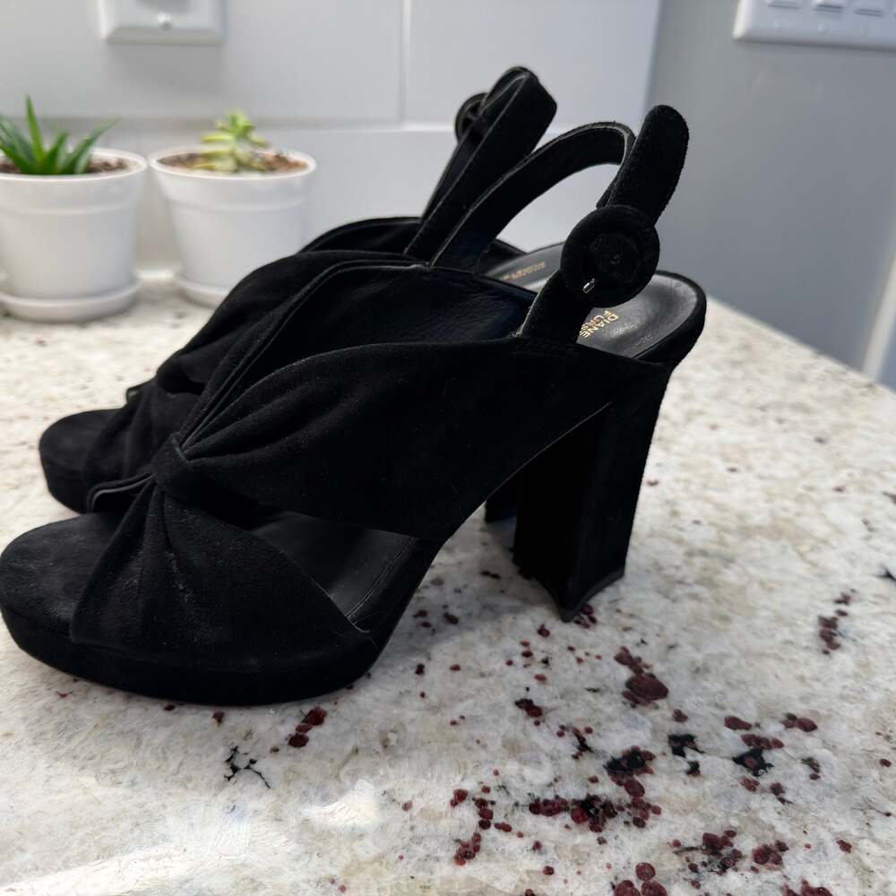 Diane von Furstenberg Sz 7 Black Suede Knotted Heidi Slingback Platform Sandal